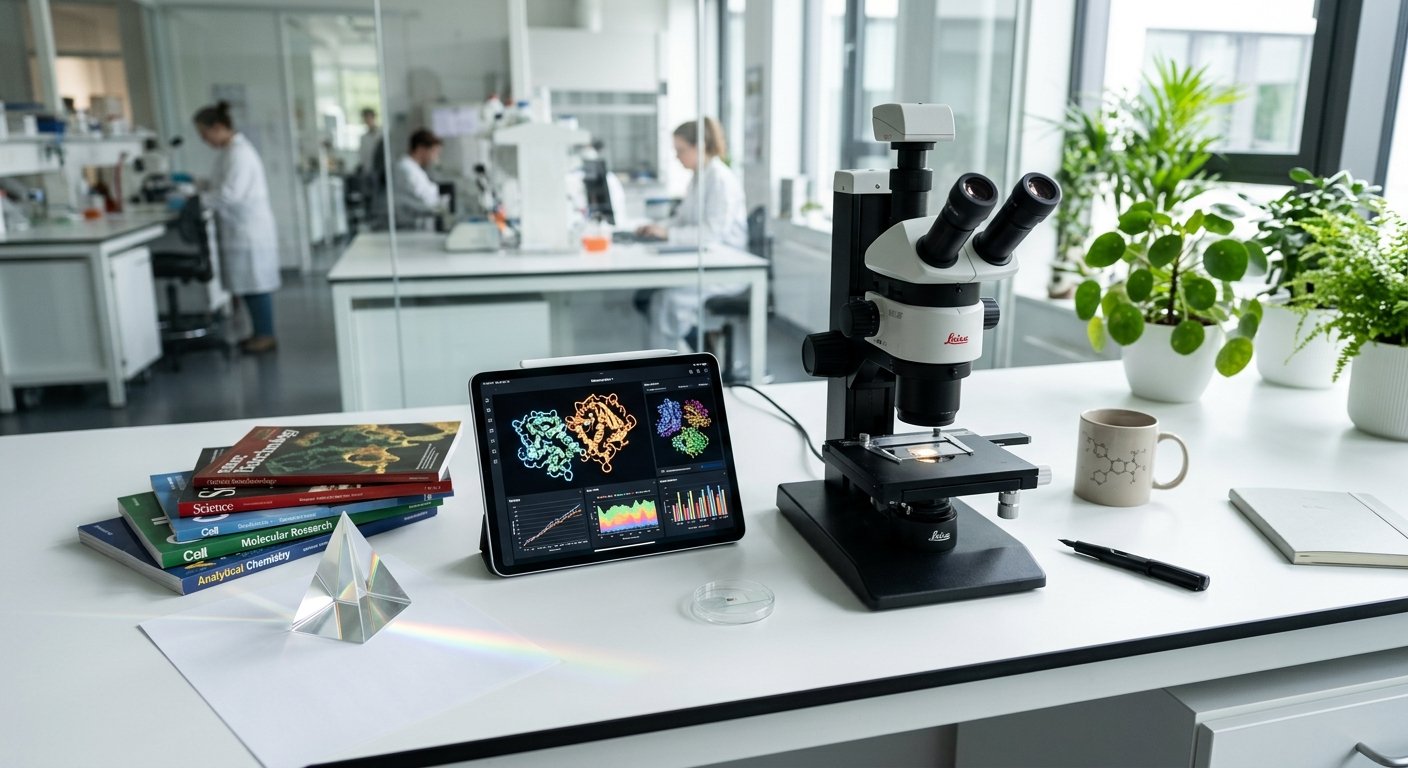 A laboratory workbench with a microscope, a tablet displaying molecular data, and science textbooks